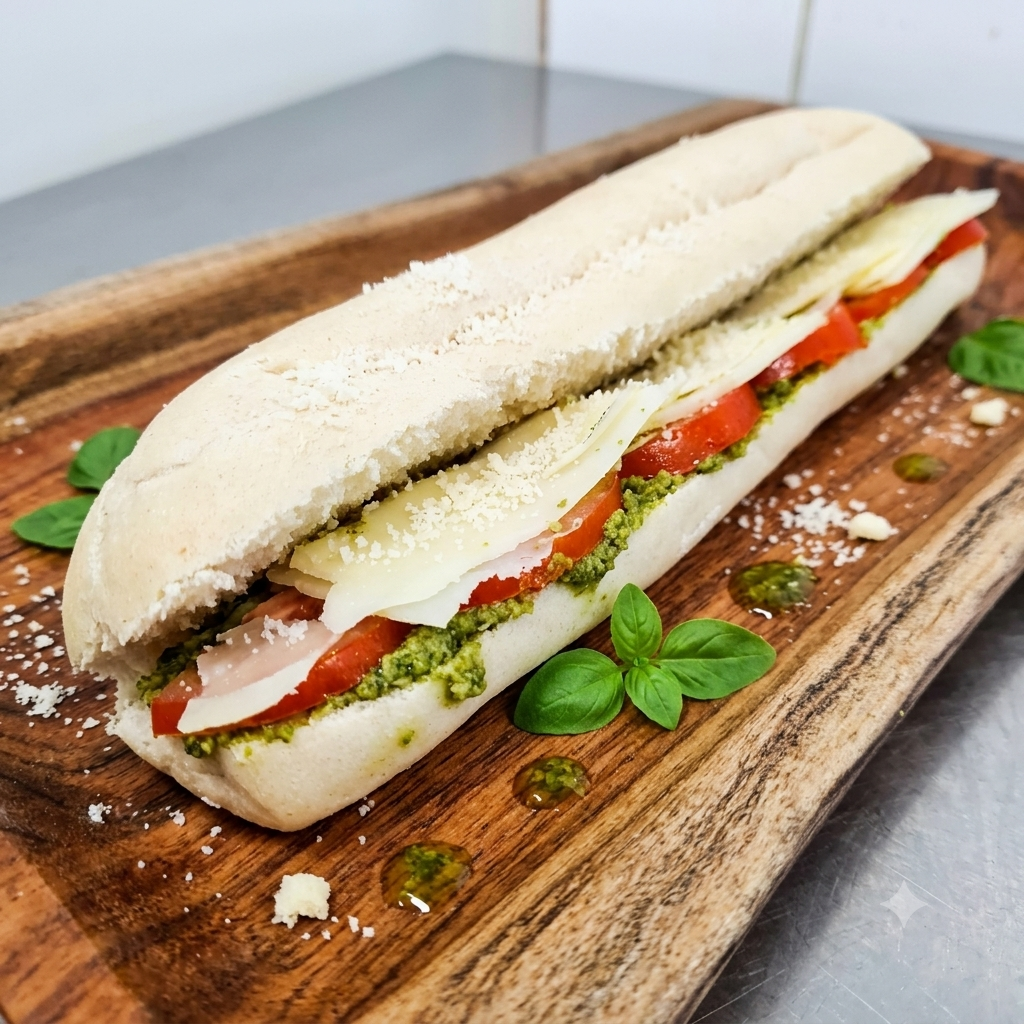 Freshly filled deli rolls on a board